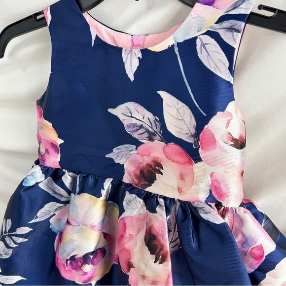 Frais by Nordstrom Girls Party Dress in Matte Satin Blue w Pink Floral Print sz4 - Picture 2 of 6
